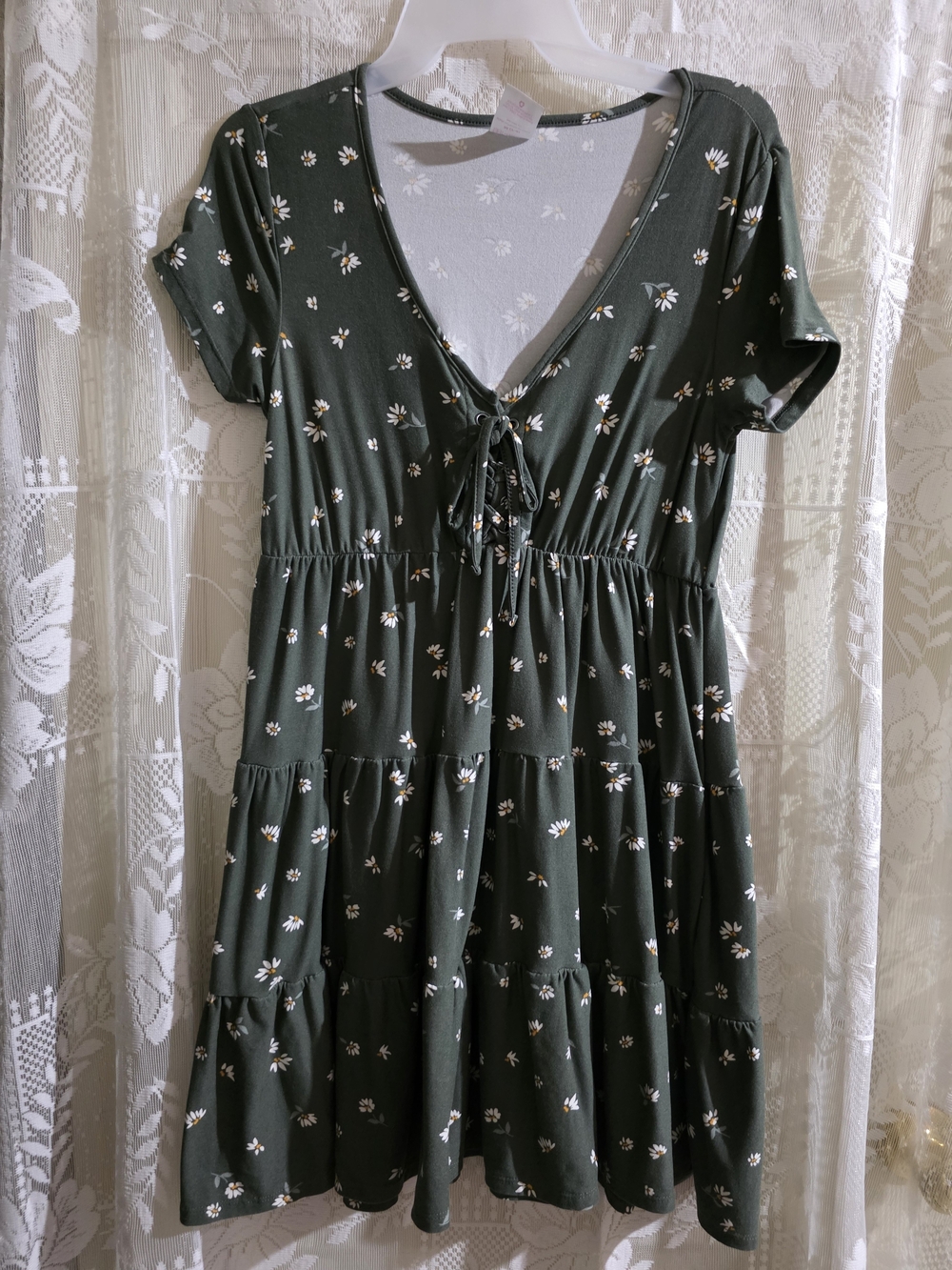 No Boundaries Dark Green Floral Tie-Front Tiered Dress